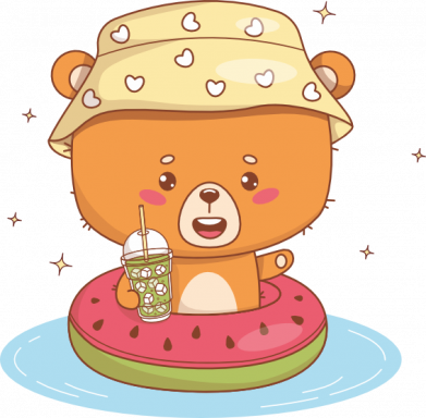 Медвежонок плавает на на надувном круге арбузе