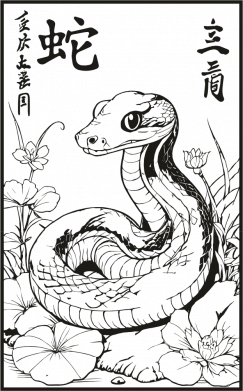 Змея с иероглифами и цветами