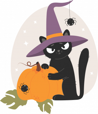 Шеврон закругленный прямоугольный Черный Кот в ведьмовской шляпе с тыквой 2