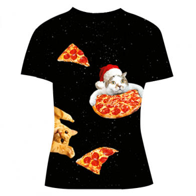 Женская 3D футболка Динозавр и рождественские коты с пиццей 2