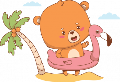 Милый Медвежонок на пляже с фламинго