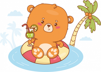 Милый Медвежонок плавает на круге с коктейлем