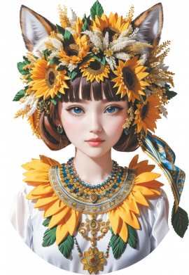 Дівчина з котячими вушками у вінку з соняшників