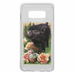 Чехол из раздела Авторские принты Black pig and flowers для Samsung S10e - FATLINE Чехол из раздела Авторские принты Black pig and flowers для Samsung S10e