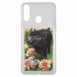 Чехол из раздела Авторские принты Black pig and flowers для Samsung A20s - FATLINE Чехол из раздела Авторские принты Black pig and flowers для Samsung A20s