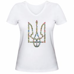 Жіноча футболка з V-подібним вирізом Квітучий герб України - FATLINE Жіноча футболка з V-подібним вирізом Квітучий герб України