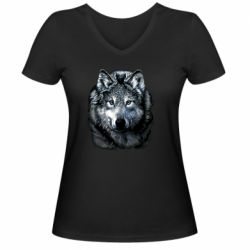 Женская футболка с V-образным вырезом Волк гравюра