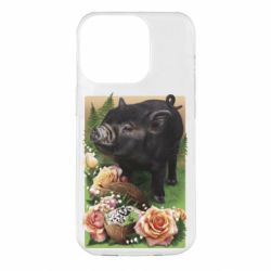 Чехол из раздела Авторские принты Black pig and flowers для Apple iPhone 14 Pro - FATLINE Чехол из раздела Авторские принты Black pig and flowers для Apple iPhone 14 Pro