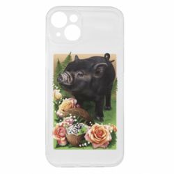 Чехол из раздела Авторские принты Black pig and flowers для Apple iPhone 15 Plus - FATLINE Чехол из раздела Авторские принты Black pig and flowers для Apple iPhone 15 Plus