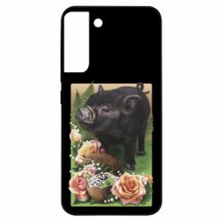 Чехол из раздела Авторские принты Black pig and flowers для Samsung S22 Plus - FATLINE Чехол из раздела Авторские принты Black pig and flowers для Samsung S22 Plus