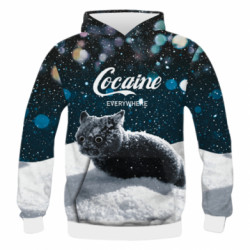 Мужская 3D худи Кот в снегу - кокаин - FATLINE Мужская 3D худи Кот в снегу - кокаин