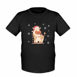 Дитяча футболка Різдвяна корова Санта з гірляндою - FATLINE Дитяча футболка Різдвяна корова Санта з гірляндою