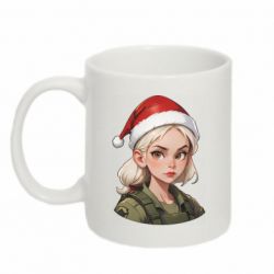 Кружка 320ml Блондинка в шапке Санты в военной форме - FATLINE Кружка 320ml Блондинка в шапке Санты в военной форме