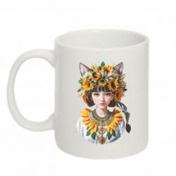 Кружка 320ml Девушка с кошачьими ушками в венке из подсолнухов - FATLINE Кружка 320ml Девушка с кошачьими ушками в венке из подсолнухов