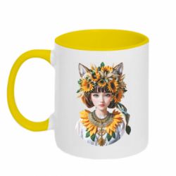 Кружка двоколірна 320ml Дівчина з котячими вушками у вінку з соняшників - FATLINE Кружка двоколірна 320ml Дівчина з котячими вушками у вінку з соняшників