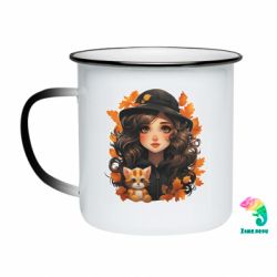 Кружка-хамелеон емальована Дівчина котик осіннє листя капелюх - FATLINE Кружка-хамелеон емальована Дівчина котик осіннє листя капелюх