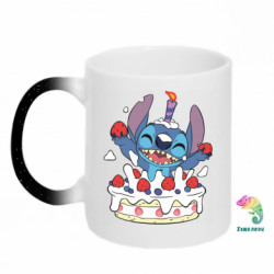 Кружка-хамелеон с блестками Стич с праздничным тортом - FATLINE Кружка-хамелеон с блестками Стич с праздничным тортом