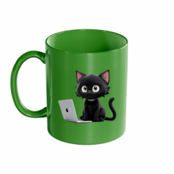 Кружка кольорова 320ml Чорний кіт за ноутбуком