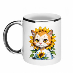 Кружка с каемкой кот подсолнух - FATLINE Кружка с каемкой кот подсолнух