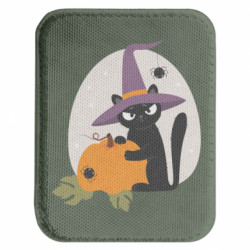 Шеврон закругленный прямоугольный Черный Кот в ведьмовской шляпе с тыквой
