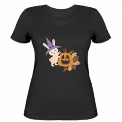 Женская футболка Кролик в ведьминской шляпе с тыквой Джек