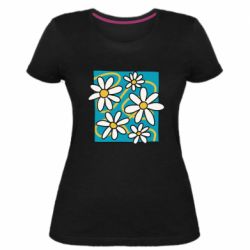 Женская стрейчевая футболка Ромашки на голубом - FATLINE Женская стрейчевая футболка Ромашки на голубом