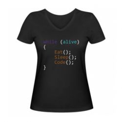 Женская черная футболка с V-образным вырезом (М) While alive: Eat Sleep Code (РАСПРОДАЖА) - FATLINE Женская черная футболка с V-образным вырезом (М) While alive: Eat Sleep Code (РАСПРОДАЖА)