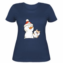 Женская футболка Корги метит снеговика - FATLINE Женская футболка Корги метит снеговика