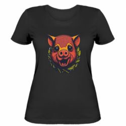 Женская футболка Свинья в листьях