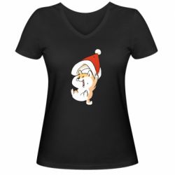 Женская футболка с V-образным вырезом Корги с шапочкой Санты - FATLINE Женская футболка с V-образным вырезом Корги с шапочкой Санты