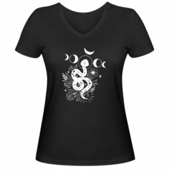 Женская футболка с V-образным вырезом Мистическая Змея с фазами луны и цветами - FATLINE Женская футболка с V-образным вырезом Мистическая Змея с фазами луны и цветами