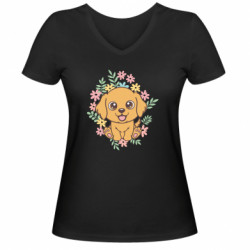 Женская футболка с V-образным вырезом Собака флорист в цветках - FATLINE Женская футболка с V-образным вырезом Собака флорист в цветках