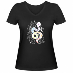 Женская футболка с V-образным вырезом Змея Кундалини с цветами чакрами - FATLINE Женская футболка с V-образным вырезом Змея Кундалини с цветами чакрами